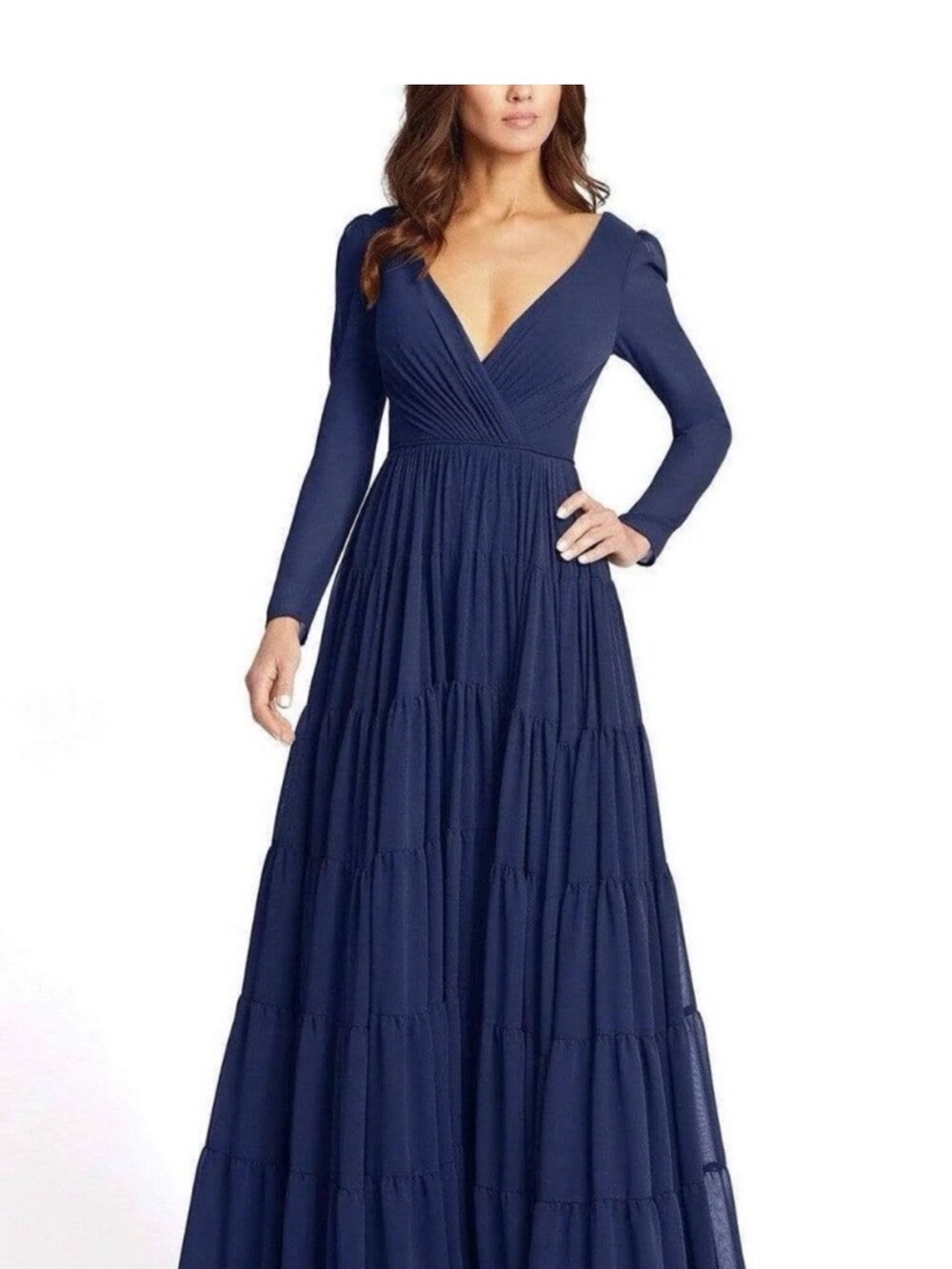 MAC DUGGAL 55311 Navy Long-Sleeve Tiered Evening Dress 18W